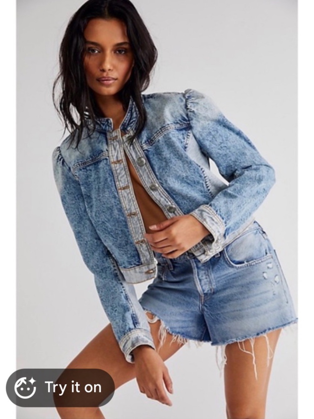 Free People Aubrey Puff Sleeve Cropped Denim Jacket Blue Medium